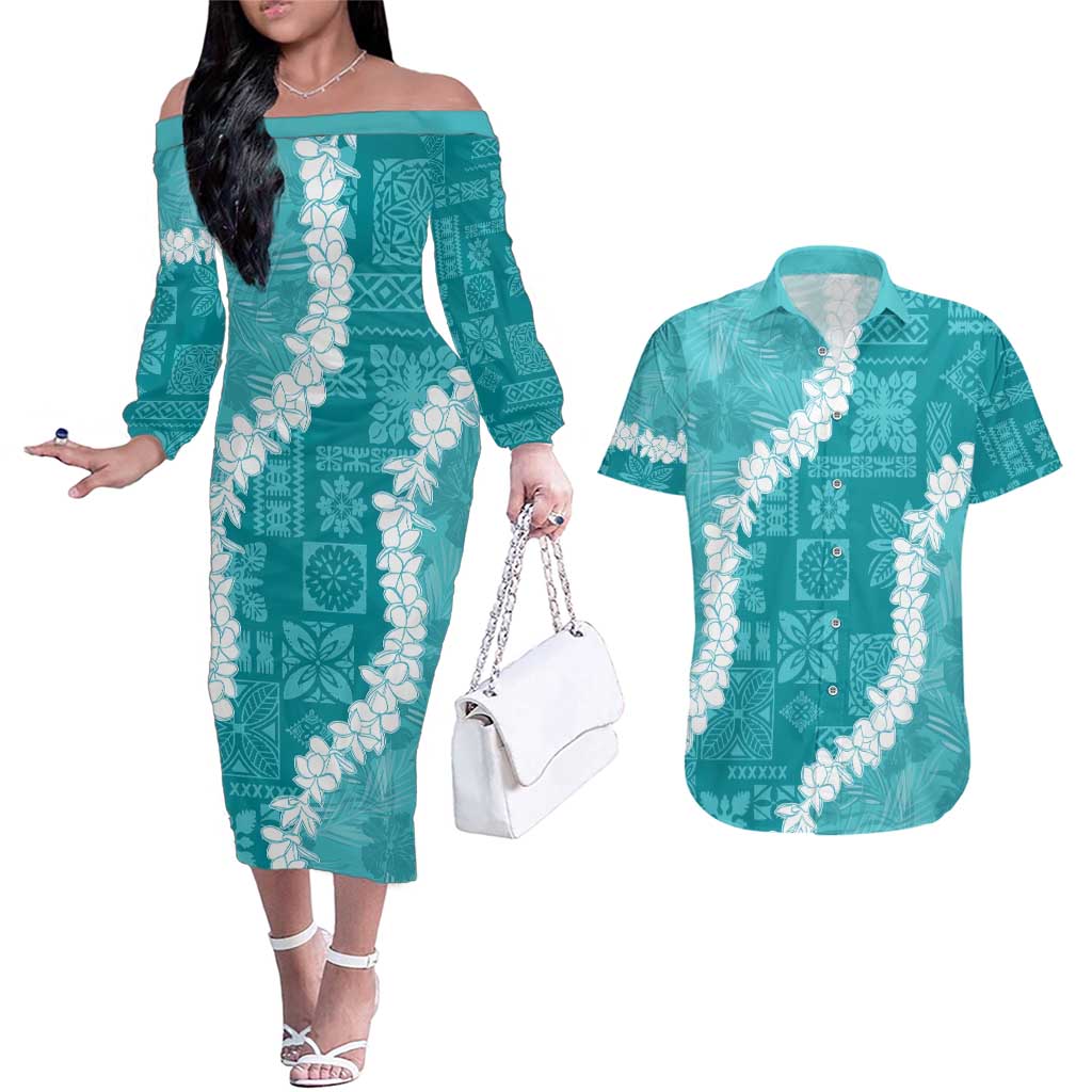 Hawaii Aloha Couples Matching Off The Shoulder Long Sleeve Dress and Hawaiian Shirt Teal Quilt Patch Work Mix Plumeria Lei