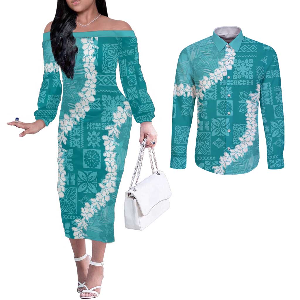 Hawaii Aloha Couples Matching Off The Shoulder Long Sleeve Dress and Long Sleeve Button Shirt Teal Quilt Patch Work Mix Plumeria Lei