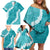 Hawaii Aloha Family Matching Off Shoulder Short Dress and Hawaiian Shirt Teal Quilt Patch Work Mix Plumeria Lei