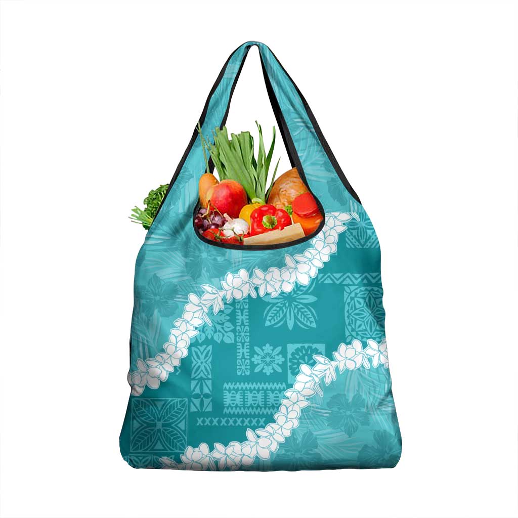 Hawaii Aloha Grocery Bag Teal Quilt Patch Work Mix Plumeria Lei LT7 1-pack One Size Teal - Polynesian Pride