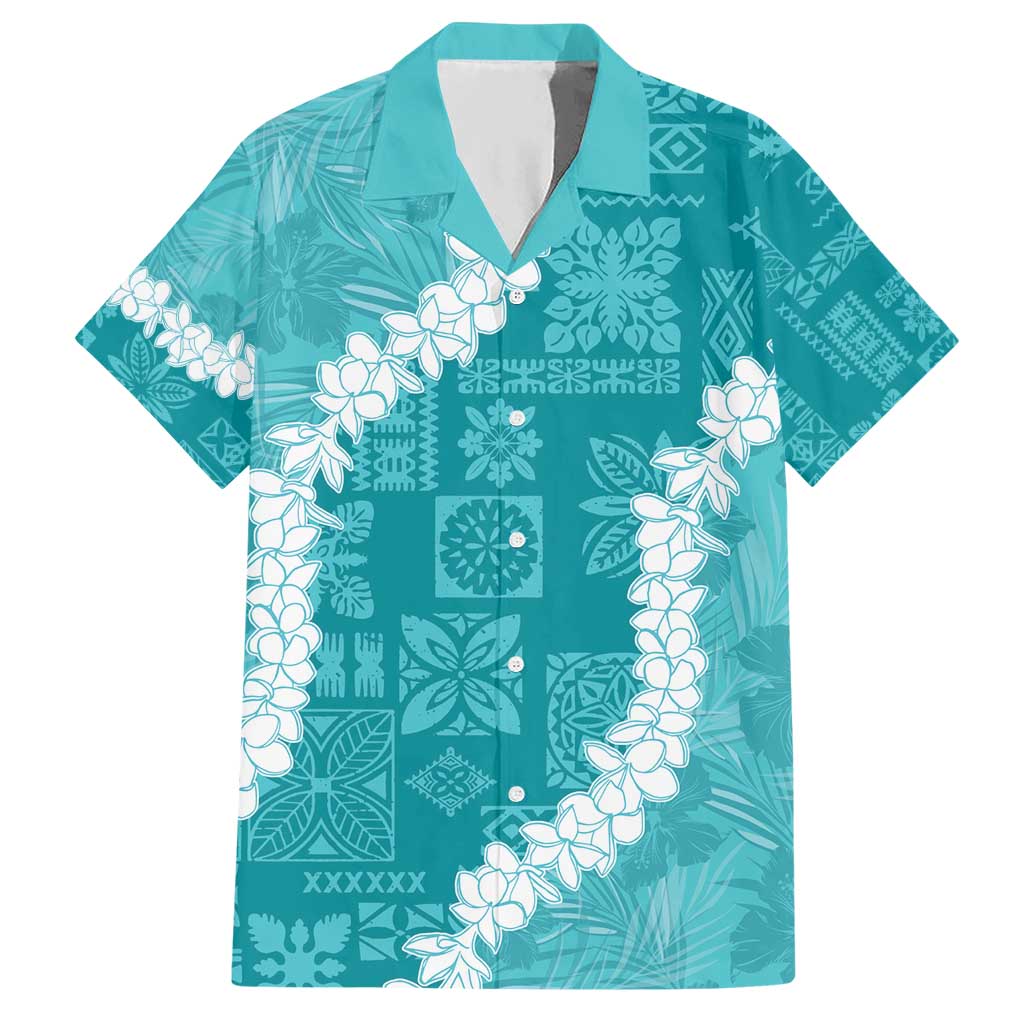 Hawaii Aloha Hawaiian Shirt Teal Quilt Patch Work Mix Plumeria Lei LT7 Teal - Polynesian Pride