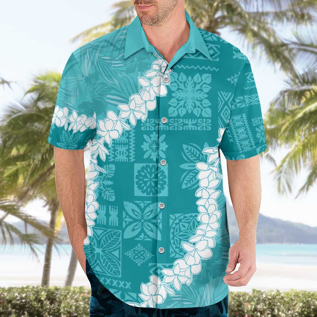 Hawaii Aloha Hawaiian Shirt Teal Quilt Patch Work Mix Plumeria Lei LT7 - Polynesian Pride