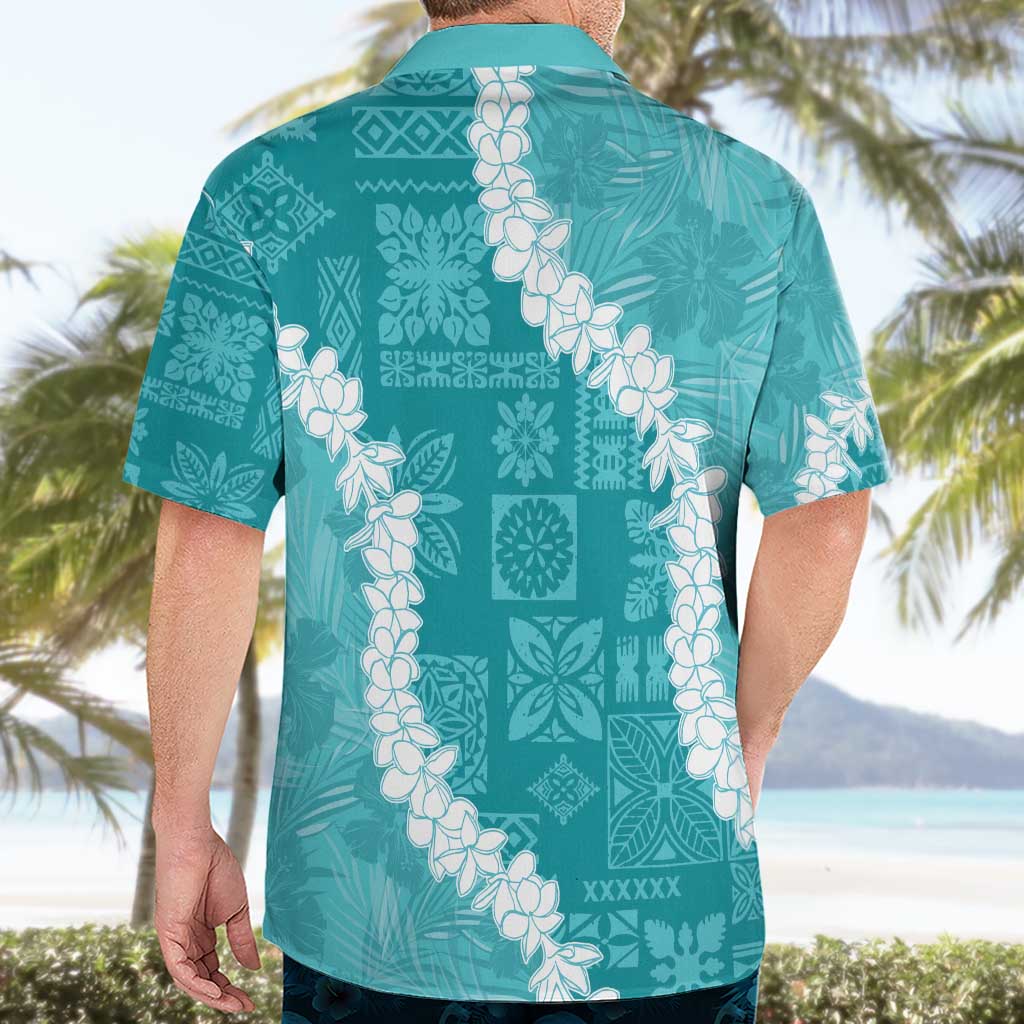 Hawaii Aloha Hawaiian Shirt Teal Quilt Patch Work Mix Plumeria Lei LT7 - Polynesian Pride