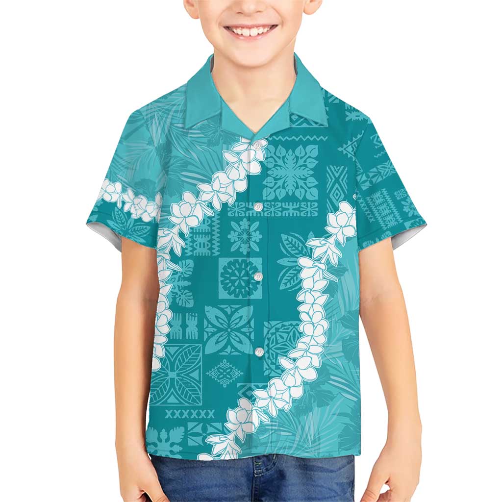Hawaii Aloha Hawaiian Shirt Teal Quilt Patch Work Mix Plumeria Lei LT7 - Polynesian Pride