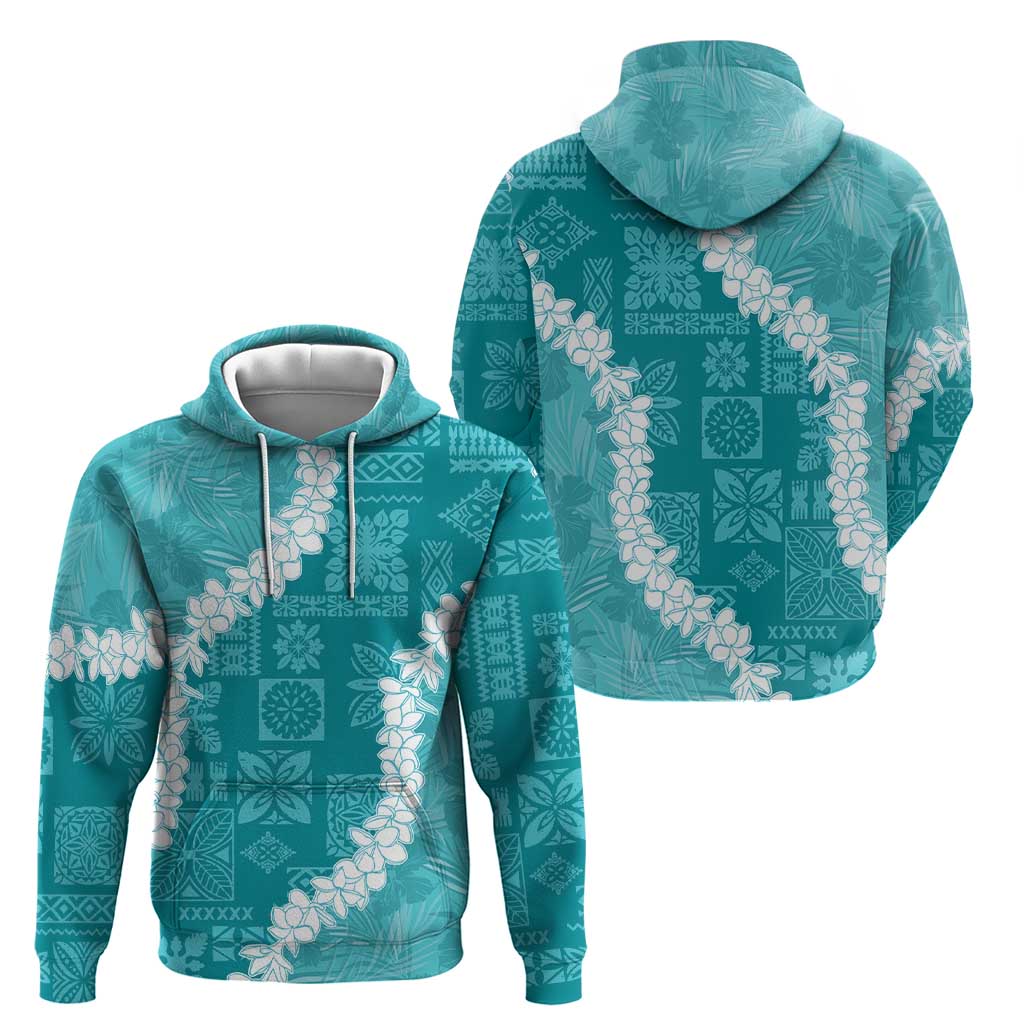 Hawaii Aloha Hoodie Teal Quilt Patch Work Mix Plumeria Lei LT7 - Polynesian Pride