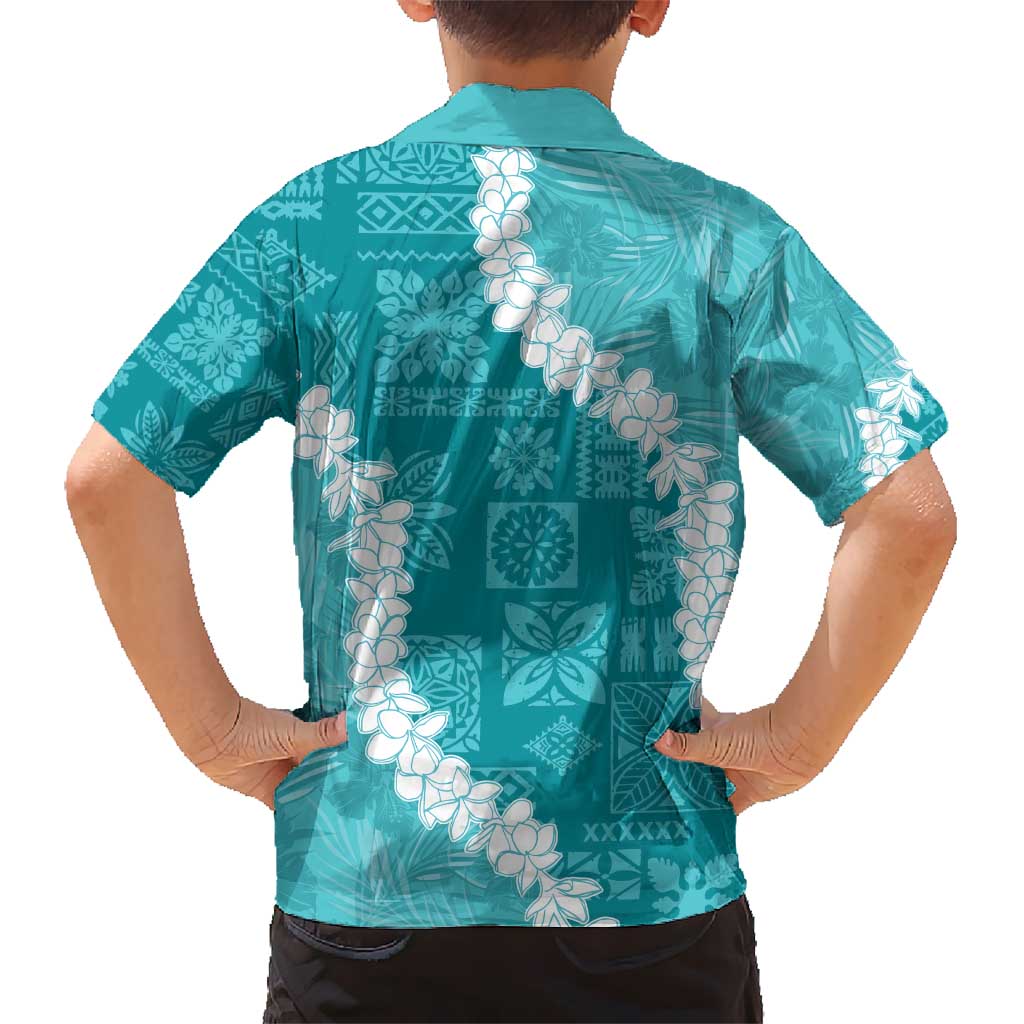 Hawaii Aloha Kid Hawaiian Shirt Teal Quilt Patch Work Mix Plumeria Lei LT7 - Polynesian Pride