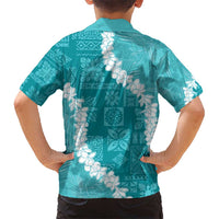 Hawaii Aloha Kid Hawaiian Shirt Teal Quilt Patch Work Mix Plumeria Lei LT7 - Polynesian Pride