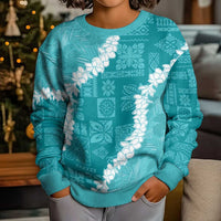 Hawaii Aloha Kid Ugly Christmas Sweater Teal Quilt Patch Work Mix Plumeria Lei LT7 - Polynesian Pride