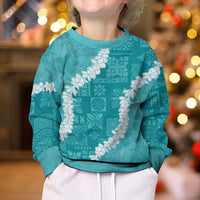 Hawaii Aloha Kid Ugly Christmas Sweater Teal Quilt Patch Work Mix Plumeria Lei LT7 - Polynesian Pride