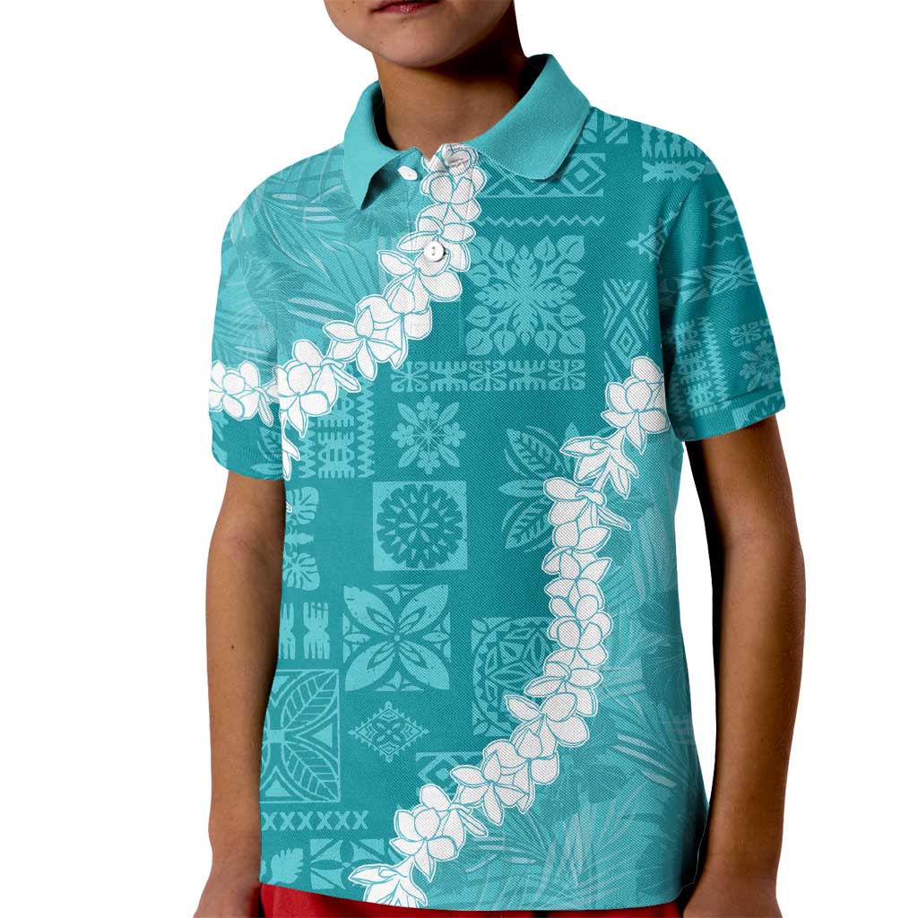 Hawaii Aloha Kid Polo Shirt Teal Quilt Patch Work Mix Plumeria Lei LT7 Kid Teal - Polynesian Pride