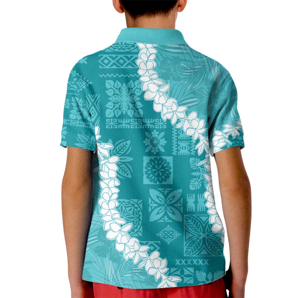 Hawaii Aloha Kid Polo Shirt Teal Quilt Patch Work Mix Plumeria Lei LT7 - Polynesian Pride