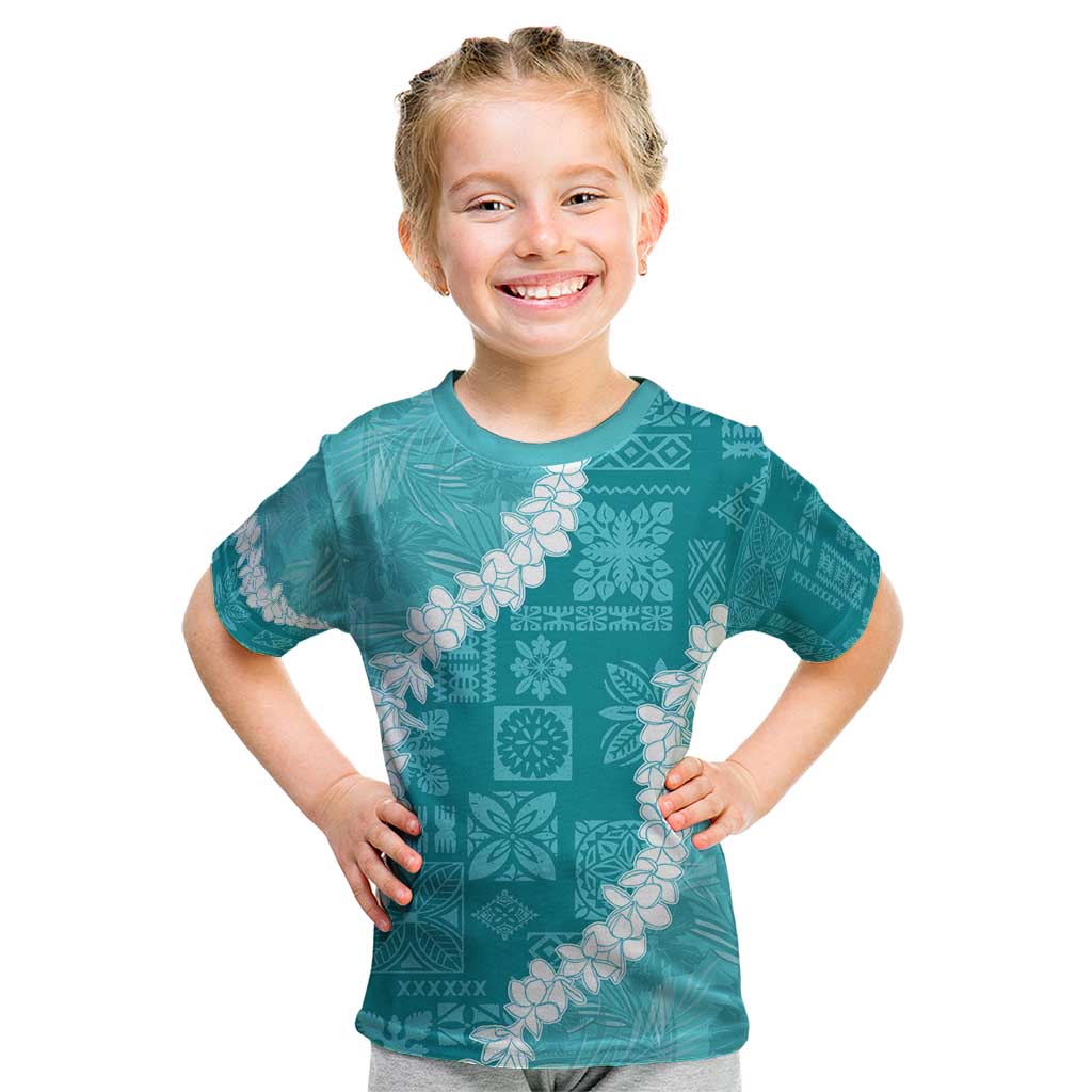 Hawaii Aloha Kid T Shirt Teal Quilt Patch Work Mix Plumeria Lei