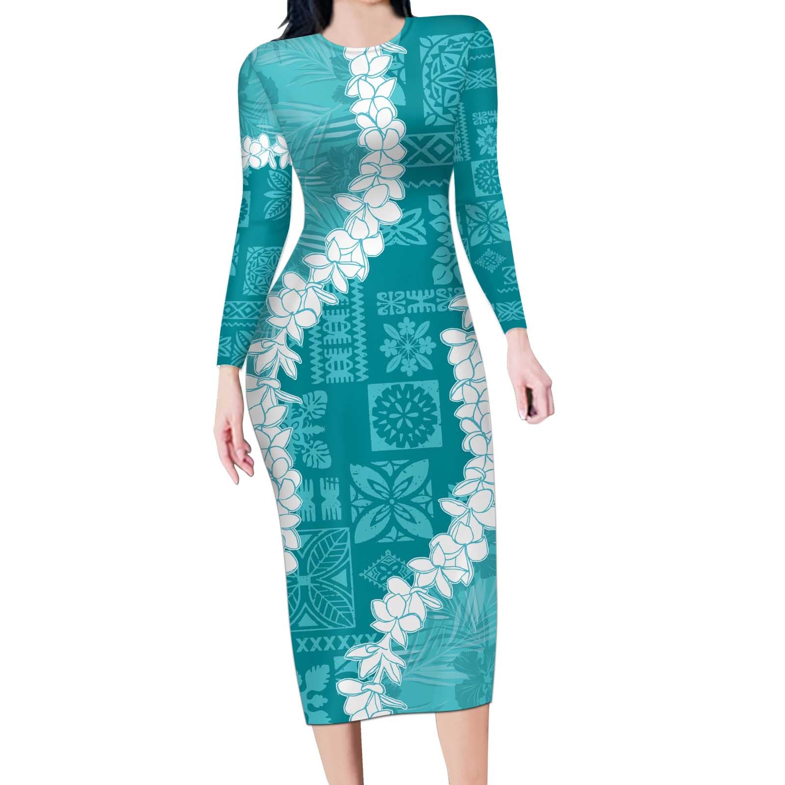 Hawaii Aloha Long Sleeve Bodycon Dress Teal Quilt Patch Work Mix Plumeria Lei