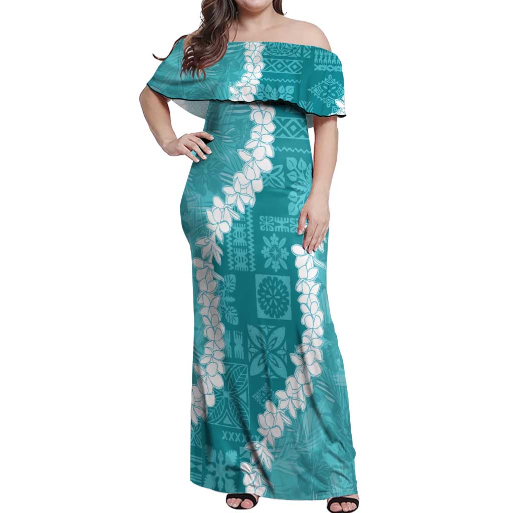 Hawaii Aloha Off Shoulder Maxi Dress Teal Quilt Patch Work Mix Plumeria Lei