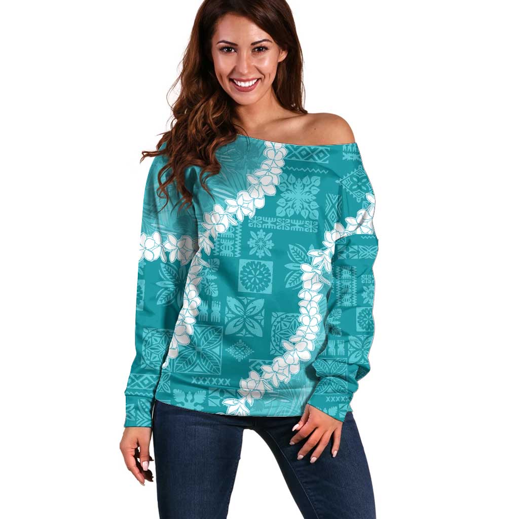 Hawaii Aloha Off Shoulder Sweater Teal Quilt Patch Work Mix Plumeria Lei LT7 Women Teal - Polynesian Pride