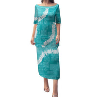 Hawaii Aloha Puletasi Teal Quilt Patch Work Mix Plumeria Lei LT7 Long Dress Teal - Polynesian Pride