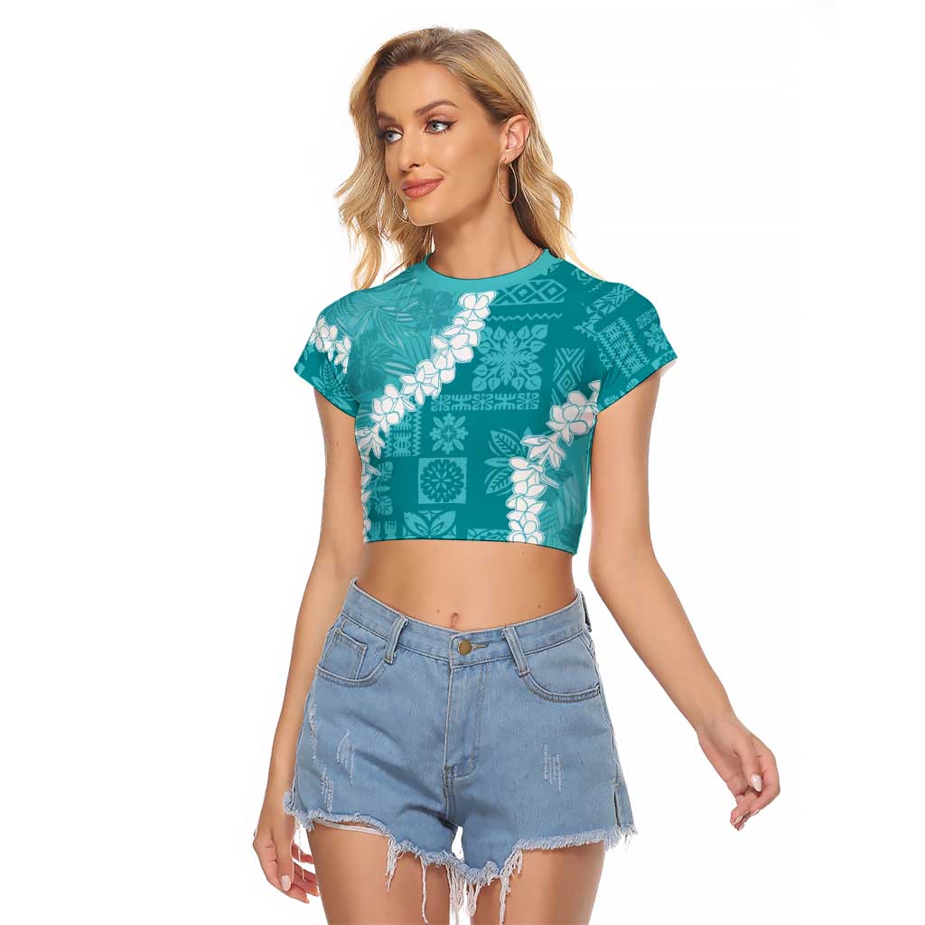 Hawaii Aloha Raglan Cropped T Shirt Teal Quilt Patch Work Mix Plumeria Lei LT7 Female Teal - Polynesian Pride