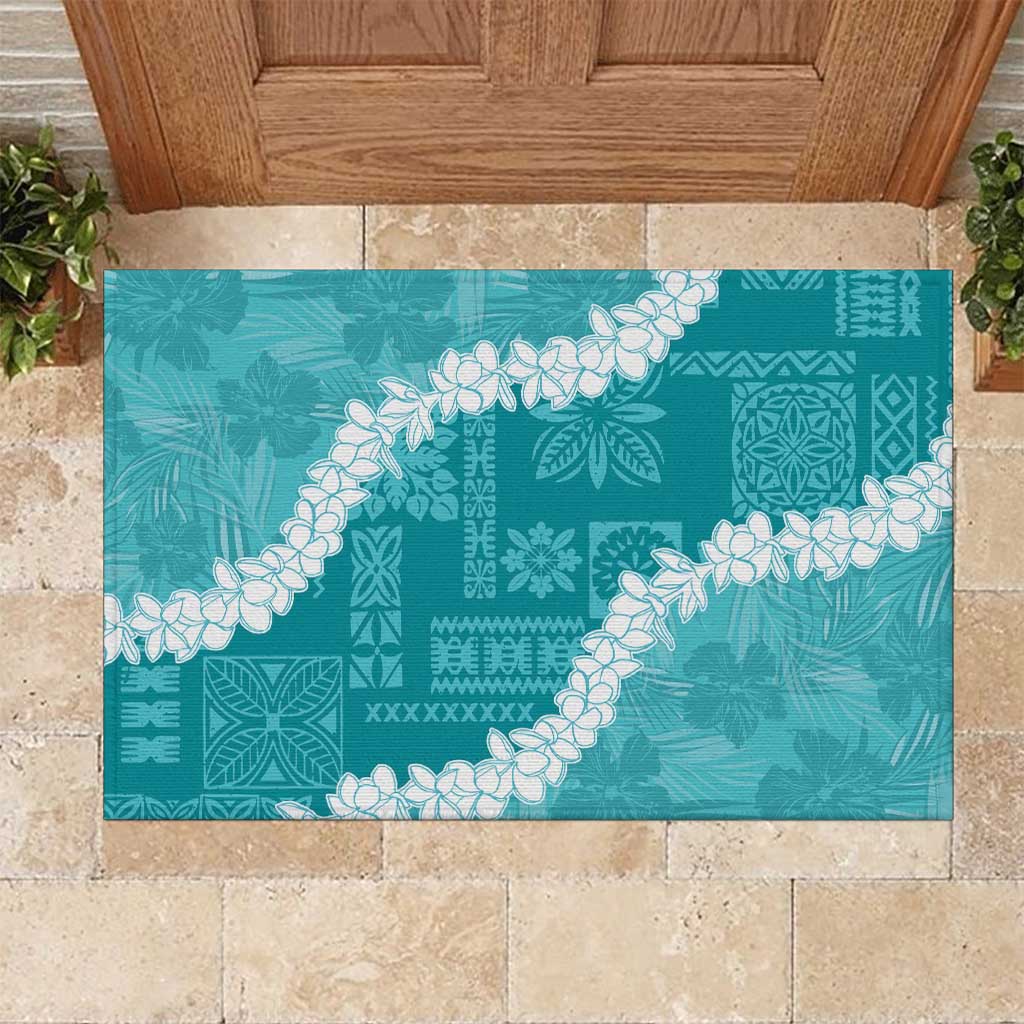 Hawaii Aloha Rubber Doormat Teal Quilt Patch Work Mix Plumeria Lei LT7 Teal - Polynesian Pride