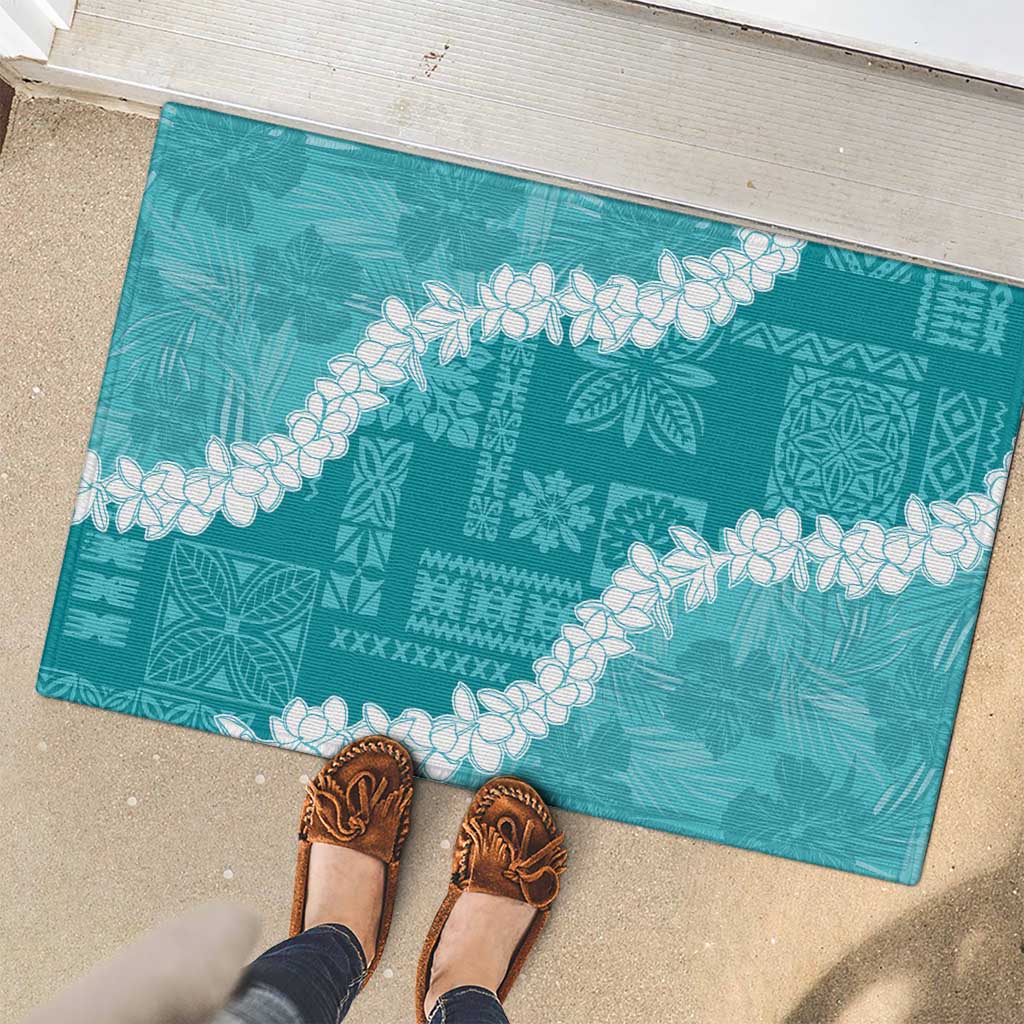 Hawaii Aloha Rubber Doormat Teal Quilt Patch Work Mix Plumeria Lei LT7 - Polynesian Pride