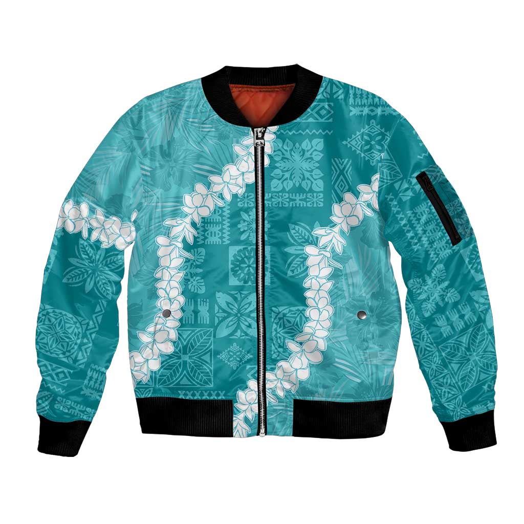Hawaii Aloha Sleeve Zip Bomber Jacket Teal Quilt Patch Work Mix Plumeria Lei LT7 Unisex Teal - Polynesian Pride