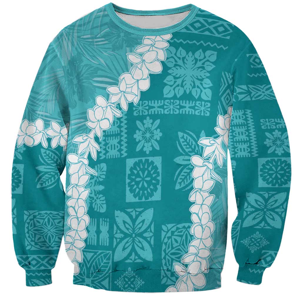 Hawaii Aloha Sweatshirt Teal Quilt Patch Work Mix Plumeria Lei