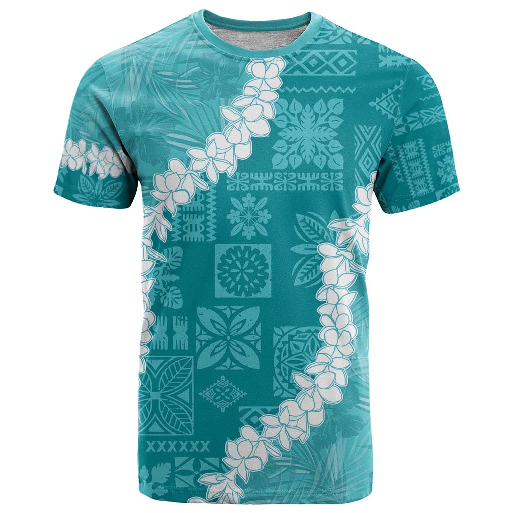 Hawaii Aloha T Shirt Teal Quilt Patch Work Mix Plumeria Lei LT7 Teal - Polynesian Pride