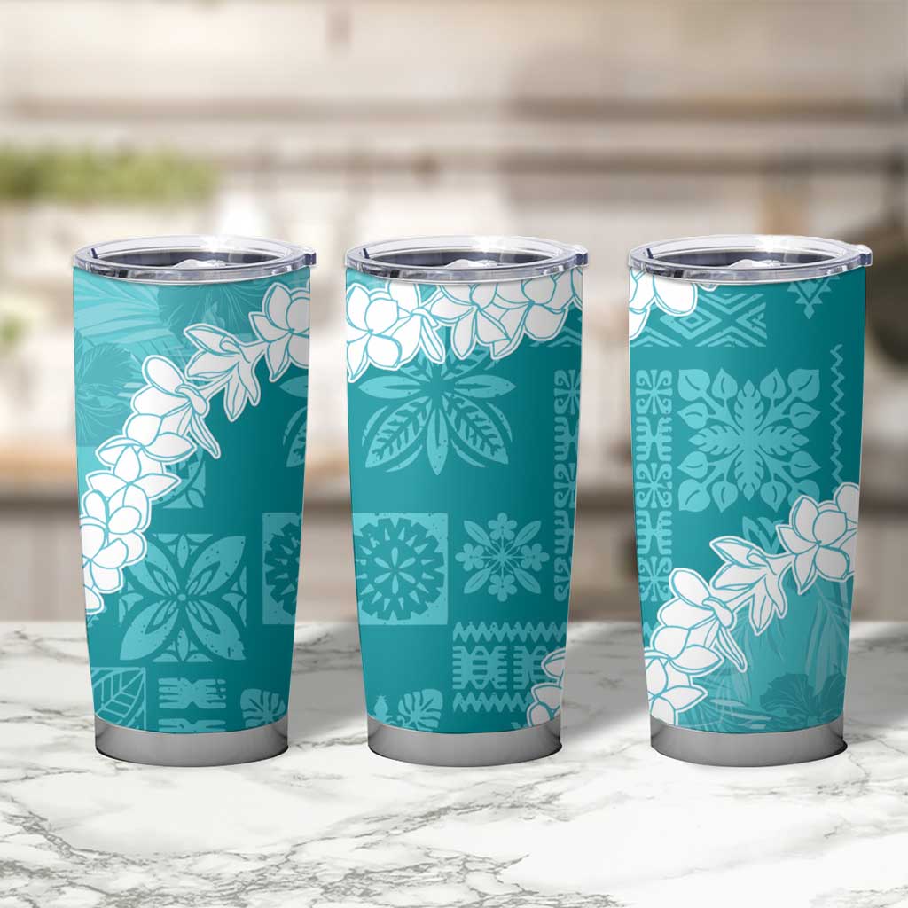 Hawaii Aloha Tumbler Cup Teal Quilt Patch Work Mix Plumeria Lei LT7 - Polynesian Pride