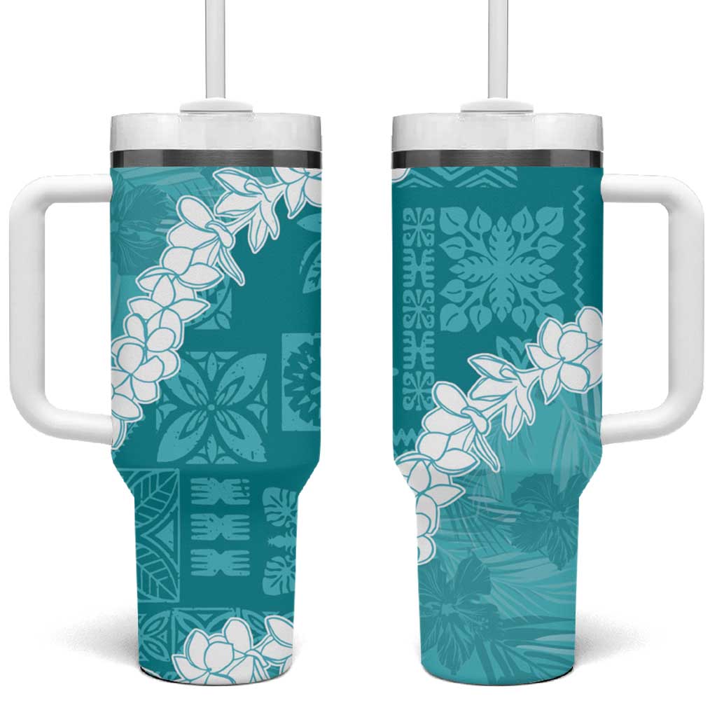 Hawaii Aloha Tumbler With Handle Teal Quilt Patch Work Mix Plumeria Lei LT7 One Size: 40 oz Teal - Polynesian Pride