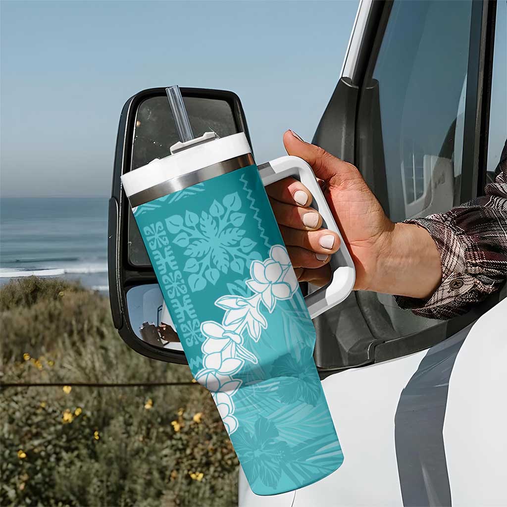 Hawaii Aloha Tumbler With Handle Teal Quilt Patch Work Mix Plumeria Lei LT7 - Polynesian Pride