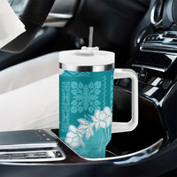 Hawaii Aloha Tumbler With Handle Teal Quilt Patch Work Mix Plumeria Lei LT7 - Polynesian Pride
