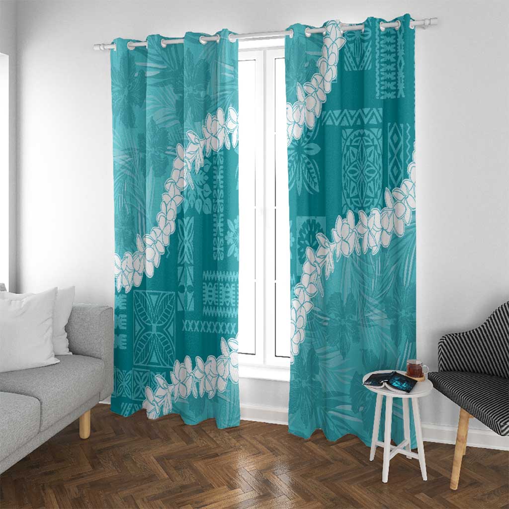 Hawaii Aloha Window Curtain Teal Quilt Patch Work Mix Plumeria Lei LT7 With Grommets Teal - Polynesian Pride