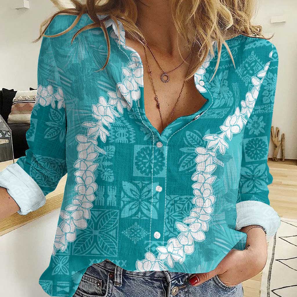 Hawaii Aloha Women Casual Shirt Teal Quilt Patch Work Mix Plumeria Lei