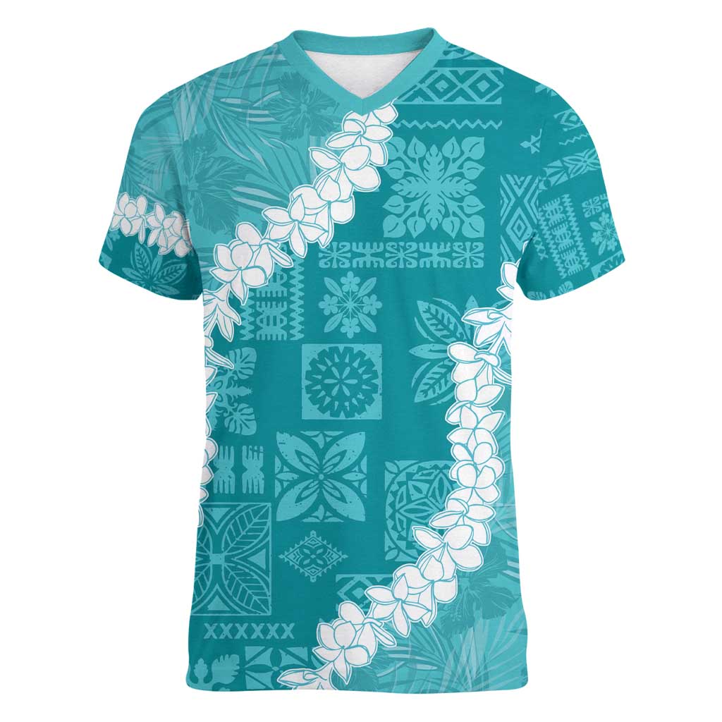 Hawaii Aloha Women V-Neck T-Shirt Teal Quilt Patch Work Mix Plumeria Lei