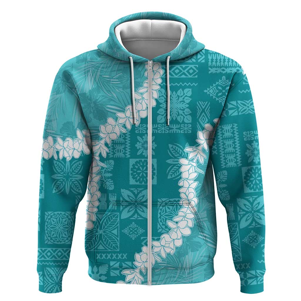 Hawaii Aloha Zip Hoodie Teal Quilt Patch Work Mix Plumeria Lei LT7 Zip Hoodie Teal - Polynesian Pride