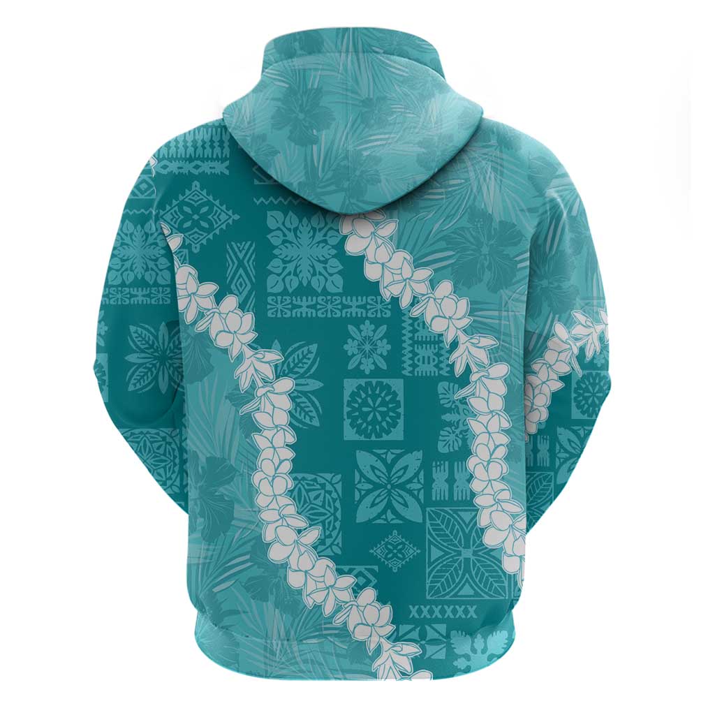 Hawaii Aloha Zip Hoodie Teal Quilt Patch Work Mix Plumeria Lei LT7 - Polynesian Pride