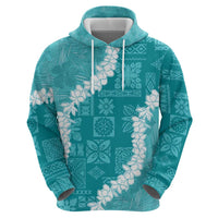 Hawaii Aloha Zip Hoodie Teal Quilt Patch Work Mix Plumeria Lei LT7 - Polynesian Pride