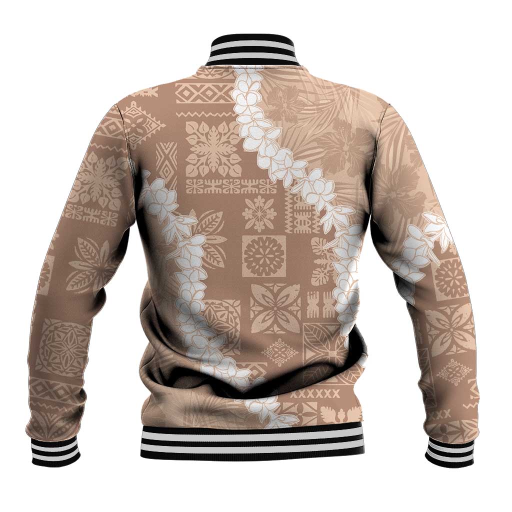 Hawaii Aloha Baseball Jacket Beige Quilt Patch Work Mix Plumeria Lei LT7 - Polynesian Pride