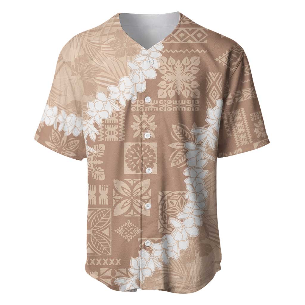 Hawaii Aloha Baseball Jersey Beige Quilt Patch Work Mix Plumeria Lei LT7 Beige - Polynesian Pride