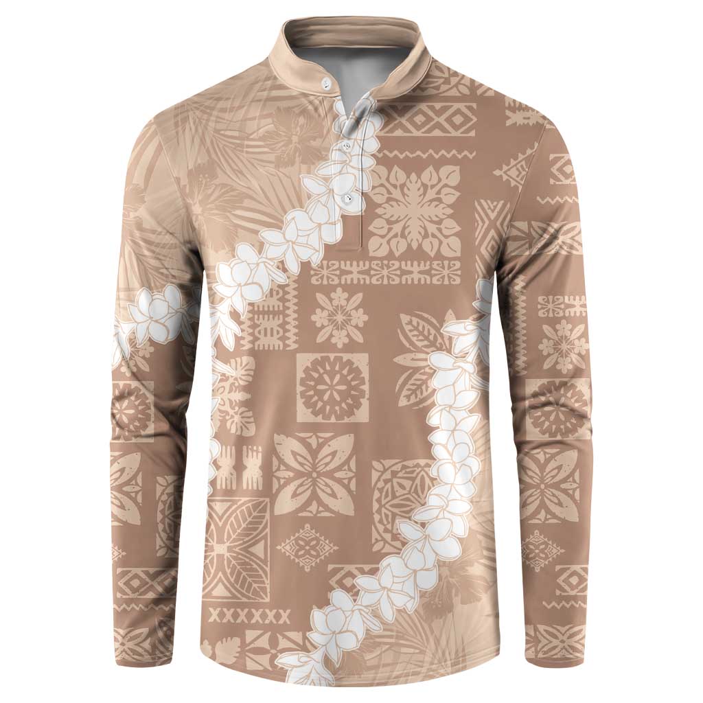 Hawaii Aloha Button Sweatshirt Beige Quilt Patch Work Mix Plumeria Lei LT7 Beige - Polynesian Pride