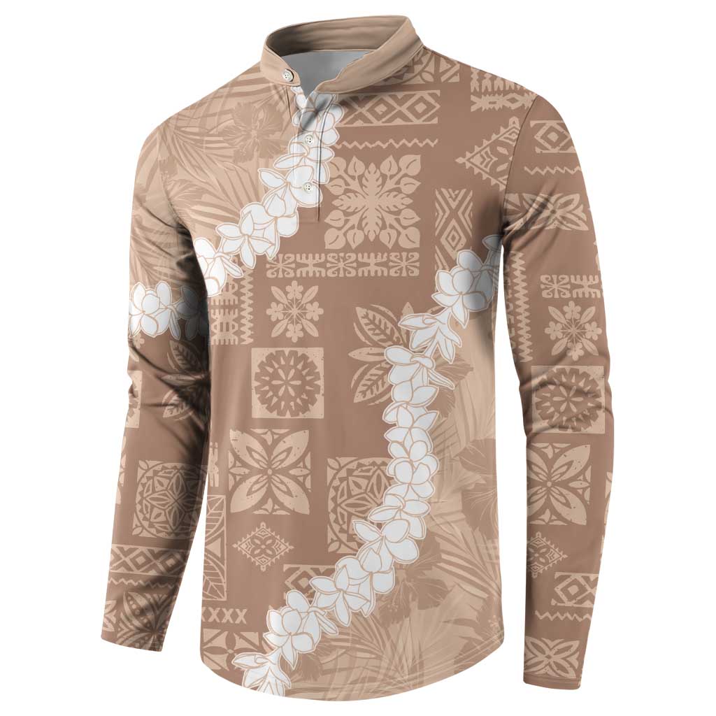 Hawaii Aloha Button Sweatshirt Beige Quilt Patch Work Mix Plumeria Lei LT7 - Polynesian Pride