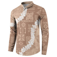 Hawaii Aloha Button Sweatshirt Beige Quilt Patch Work Mix Plumeria Lei LT7 - Polynesian Pride