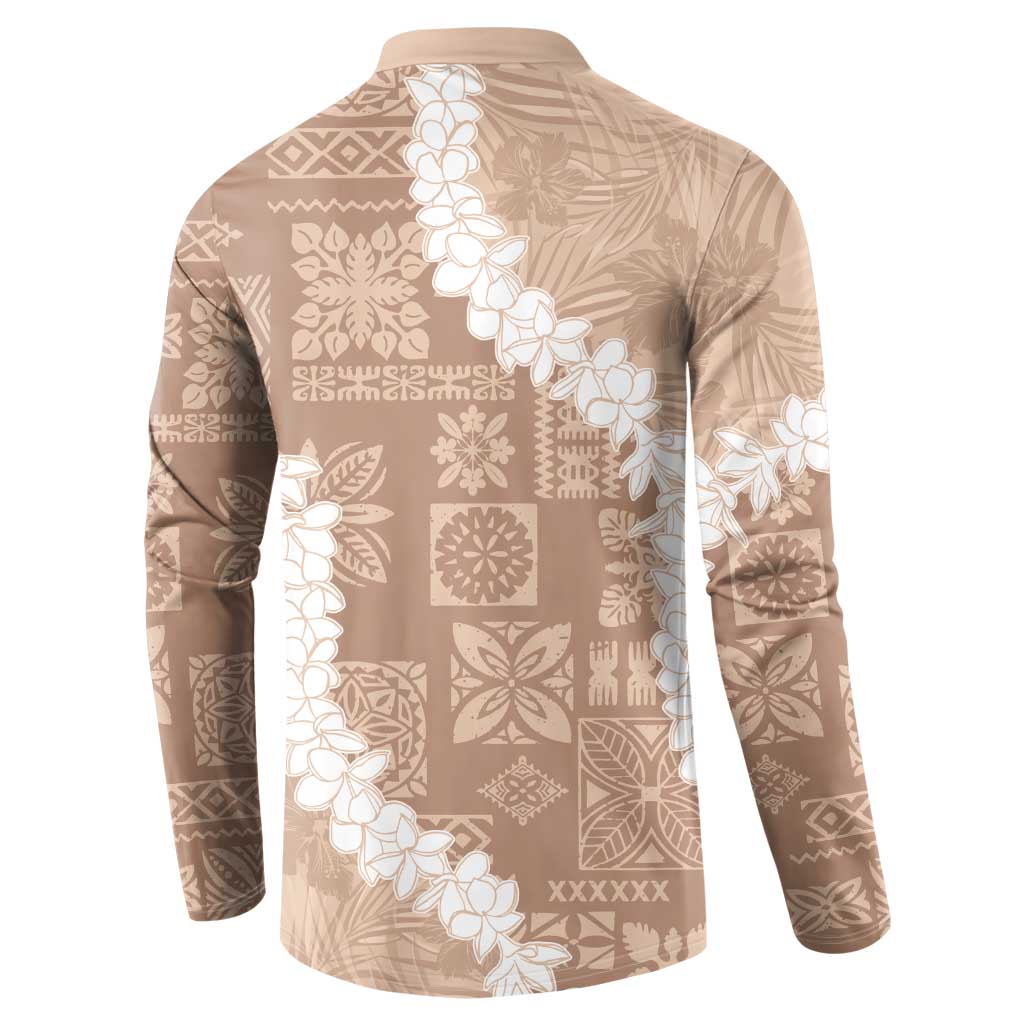 Hawaii Aloha Button Sweatshirt Beige Quilt Patch Work Mix Plumeria Lei LT7 - Polynesian Pride
