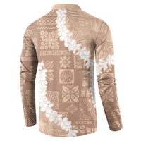 Hawaii Aloha Button Sweatshirt Beige Quilt Patch Work Mix Plumeria Lei LT7 - Polynesian Pride