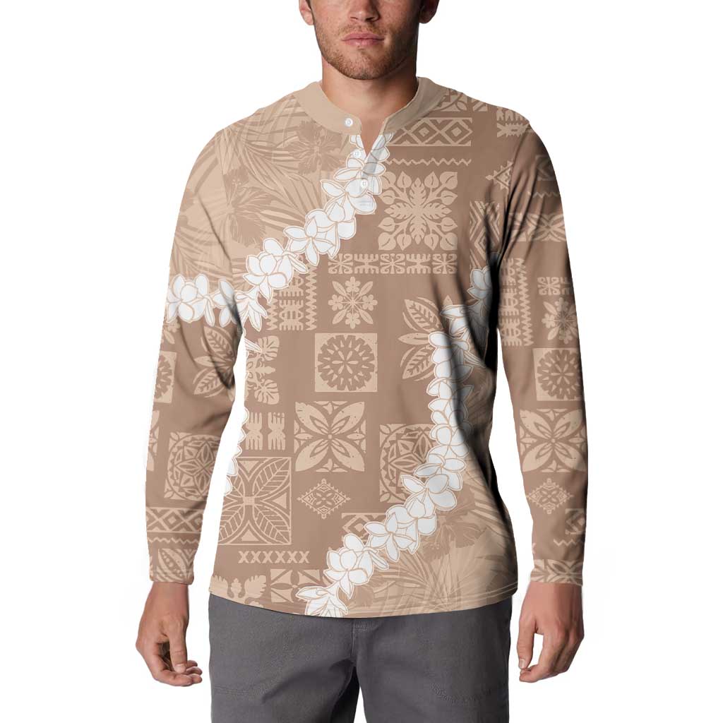 Hawaii Aloha Button Sweatshirt Beige Quilt Patch Work Mix Plumeria Lei LT7 - Polynesian Pride
