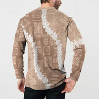 Hawaii Aloha Button Sweatshirt Beige Quilt Patch Work Mix Plumeria Lei LT7 - Polynesian Pride