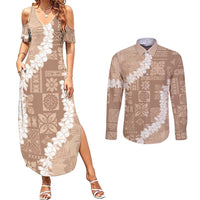 Hawaii Aloha Couples Matching Summer Maxi Dress and Long Sleeve Button Shirt Beige Quilt Patch Work Mix Plumeria Lei LT7 Beige - Polynesian Pride