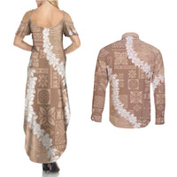 Hawaii Aloha Couples Matching Summer Maxi Dress and Long Sleeve Button Shirt Beige Quilt Patch Work Mix Plumeria Lei LT7 - Polynesian Pride