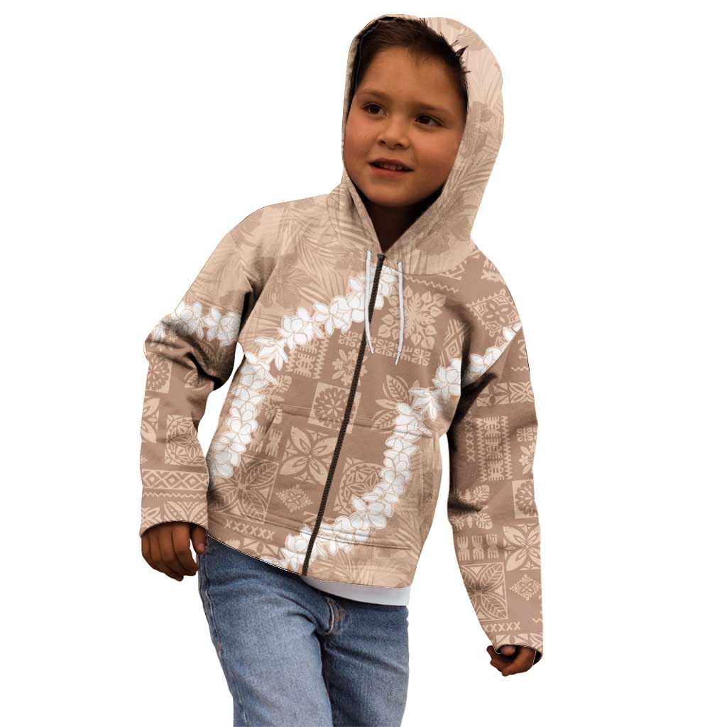 Hawaii Aloha Kid Hoodie Beige Quilt Patch Work Mix Plumeria Lei LT7 - Polynesian Pride