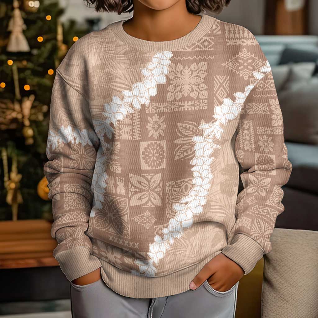 Hawaii Aloha Kid Ugly Christmas Sweater Beige Quilt Patch Work Mix Plumeria Lei LT7 - Polynesian Pride