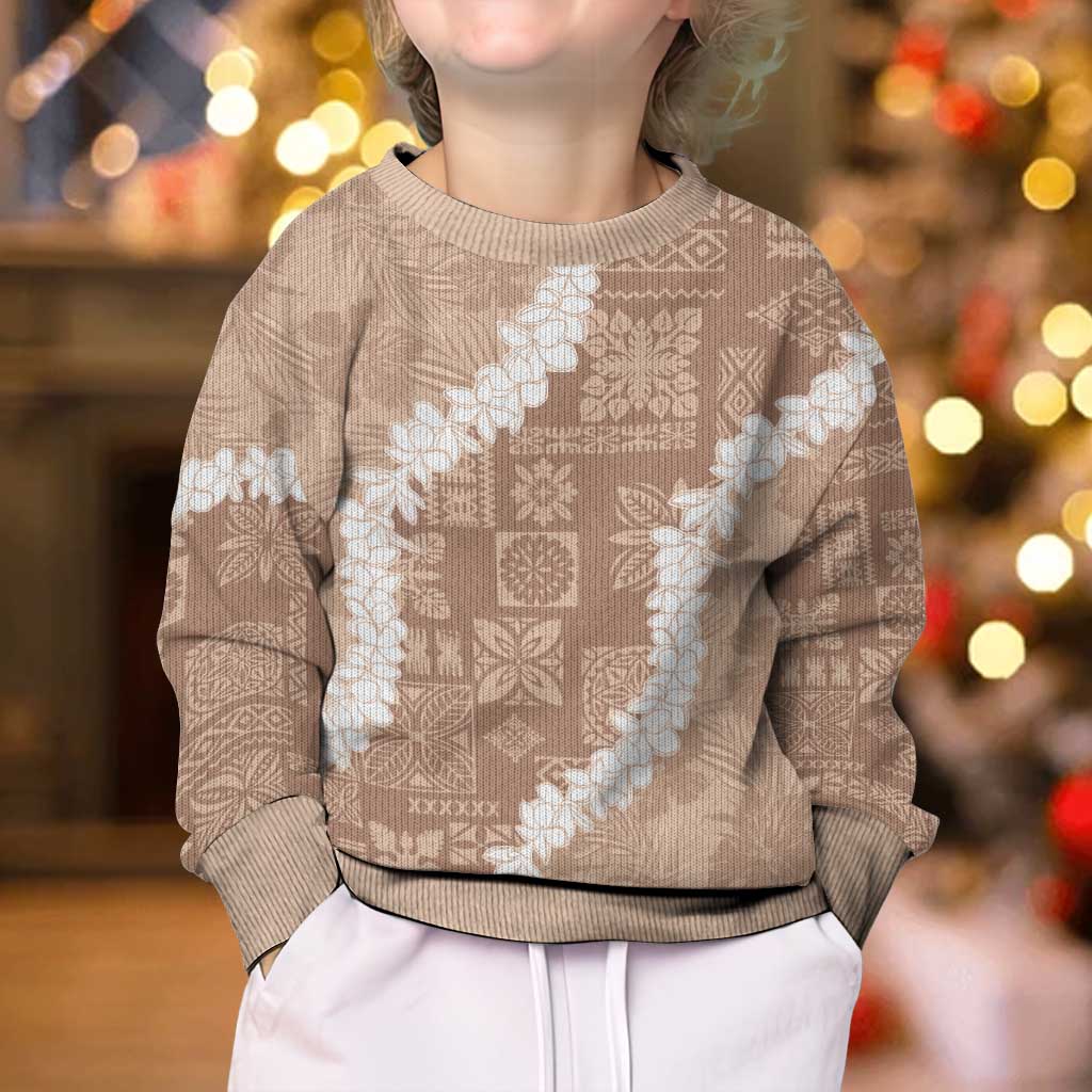 Hawaii Aloha Kid Ugly Christmas Sweater Beige Quilt Patch Work Mix Plumeria Lei LT7 - Polynesian Pride